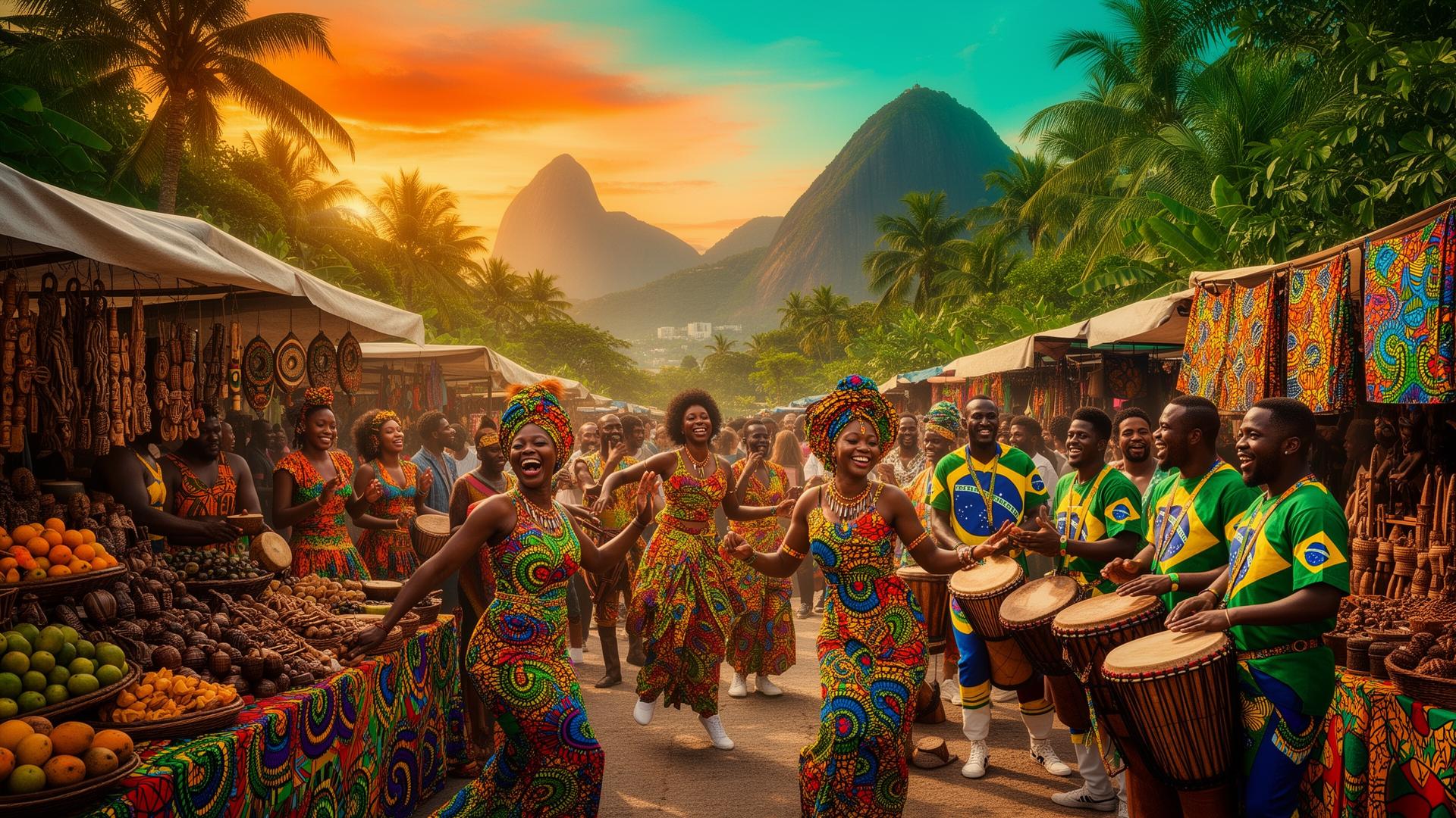 Mercado africano ao entardecer com baobá